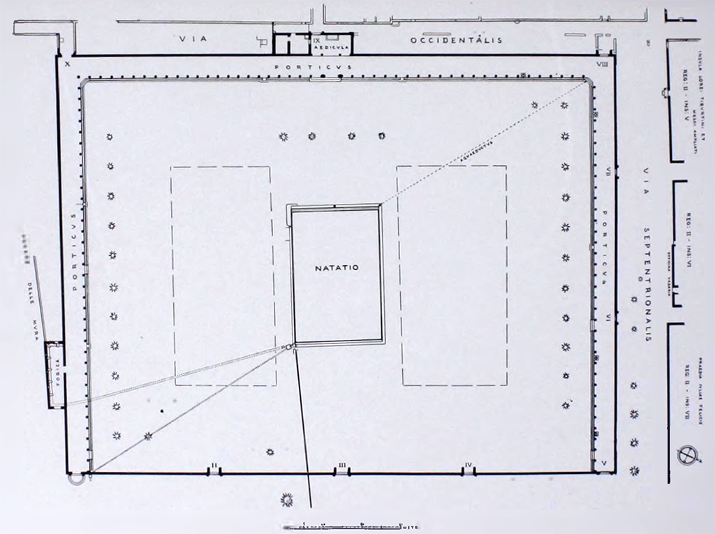 II.7 Pompeii. 1939 plan of Palaestra from NdS. This shows the aqueduct feeding the pool and the overflow that flushed the latrine.
See Notizie degli Scavi di Antichita, 1939, (Tav. IX)